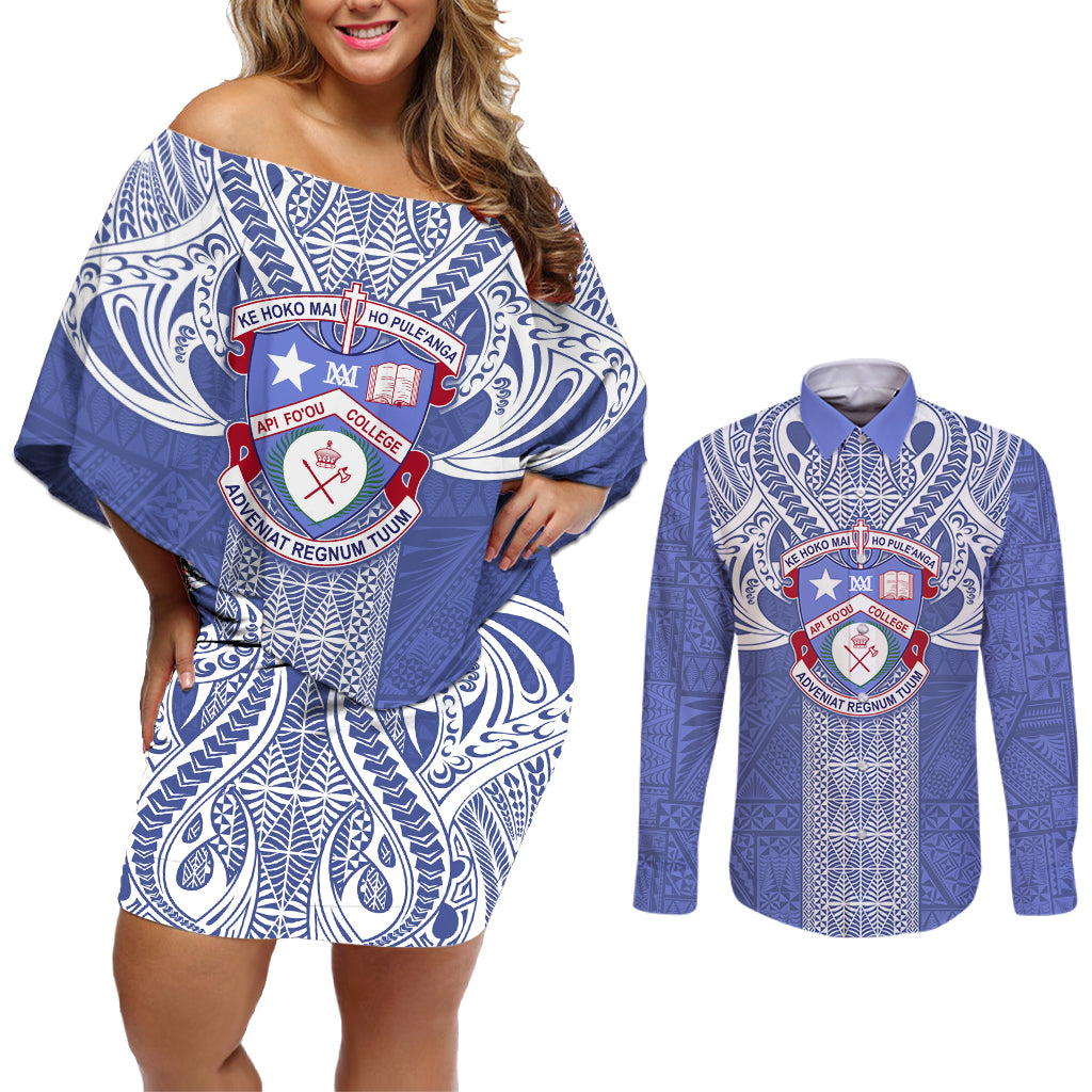 Tonga Apifoou School Couples Matching Off Shoulder Short Dress and Long Sleeve Button Shirt Ngatu and Polynesian Pattern LT03 Blue - Polynesian Pride