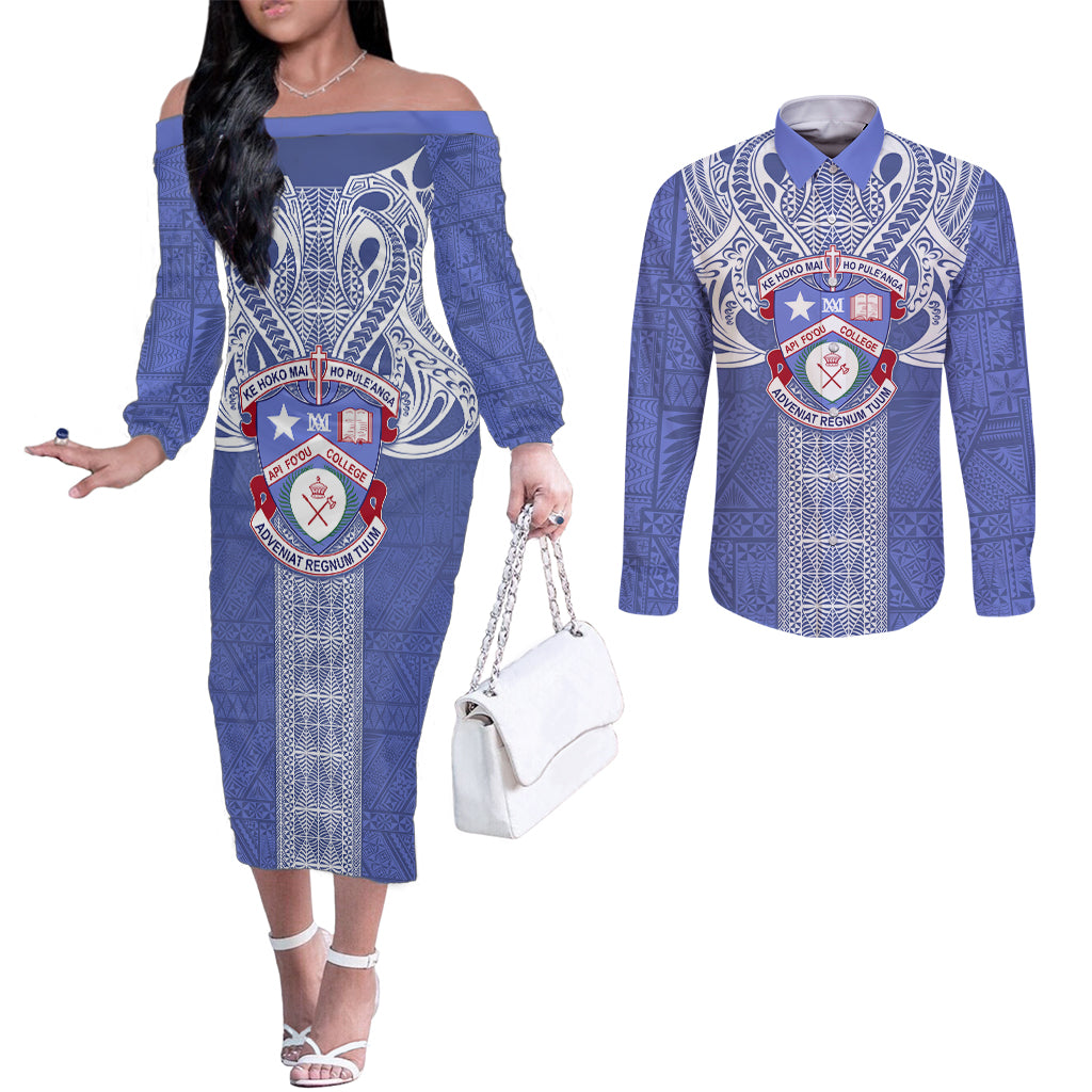 Tonga Apifoou School Couples Matching Off The Shoulder Long Sleeve Dress and Long Sleeve Button Shirt Ngatu and Polynesian Pattern LT03 Blue - Polynesian Pride