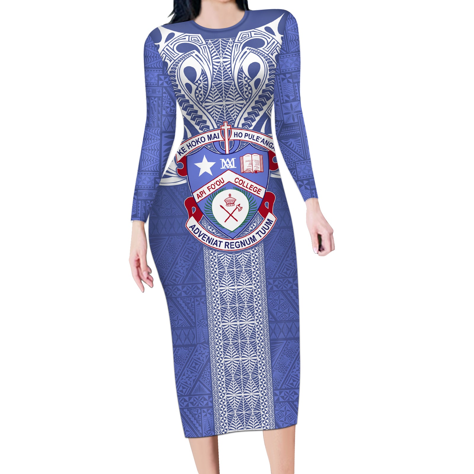 Tonga Apifoou School Long Sleeve Bodycon Dress Ngatu and Polynesian Pattern LT03 Long Dress Blue - Polynesian Pride