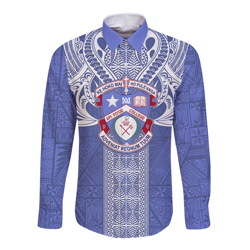 Tonga Apifoou School Long Sleeve Button Shirt Ngatu and Polynesian Pattern LT03 Unisex Blue - Polynesian Pride