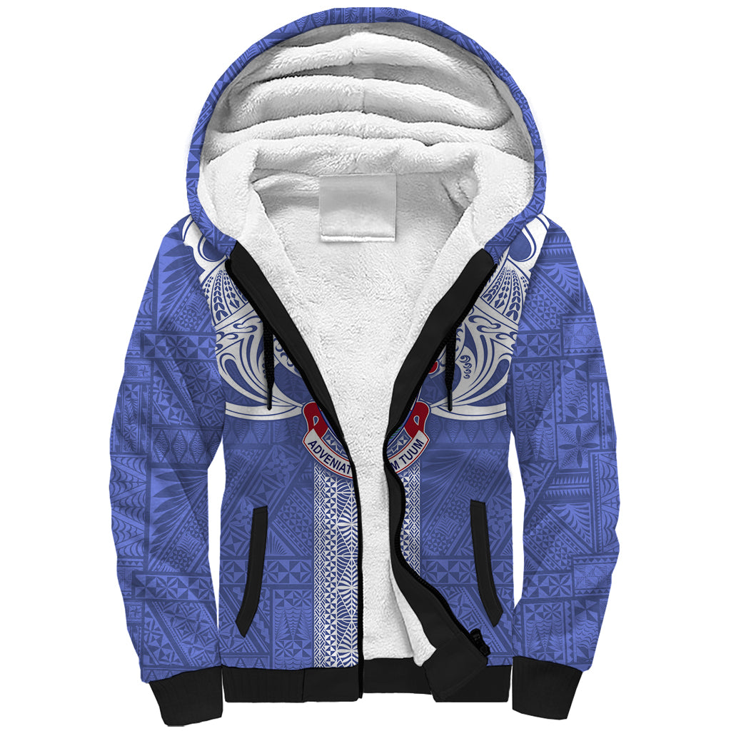 Tonga Apifoou School Sherpa Hoodie Ngatu and Polynesian Pattern LT03 Unisex Blue - Polynesian Pride