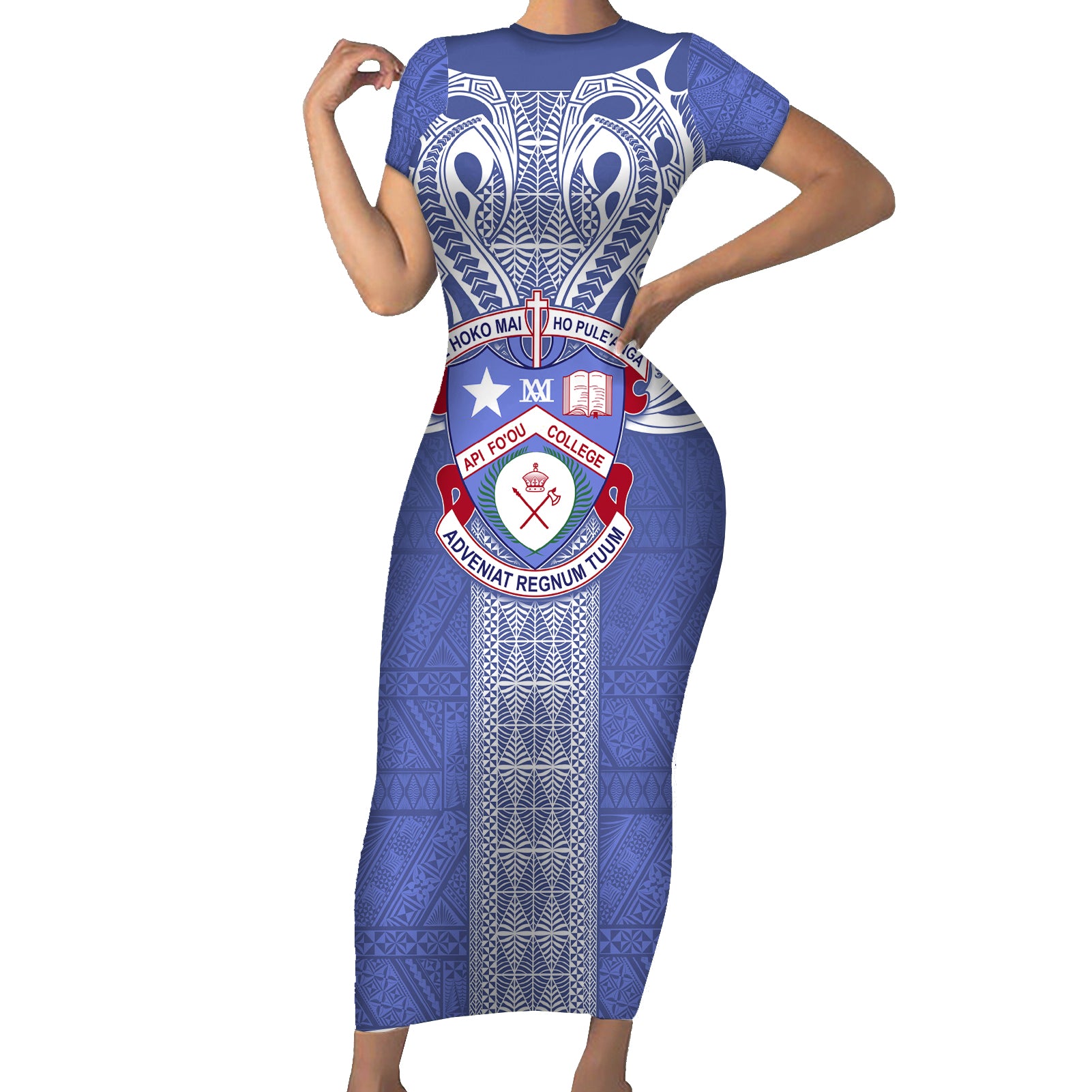 Tonga Apifoou School Short Sleeve Bodycon Dress Ngatu and Polynesian Pattern LT03 Long Dress Blue - Polynesian Pride