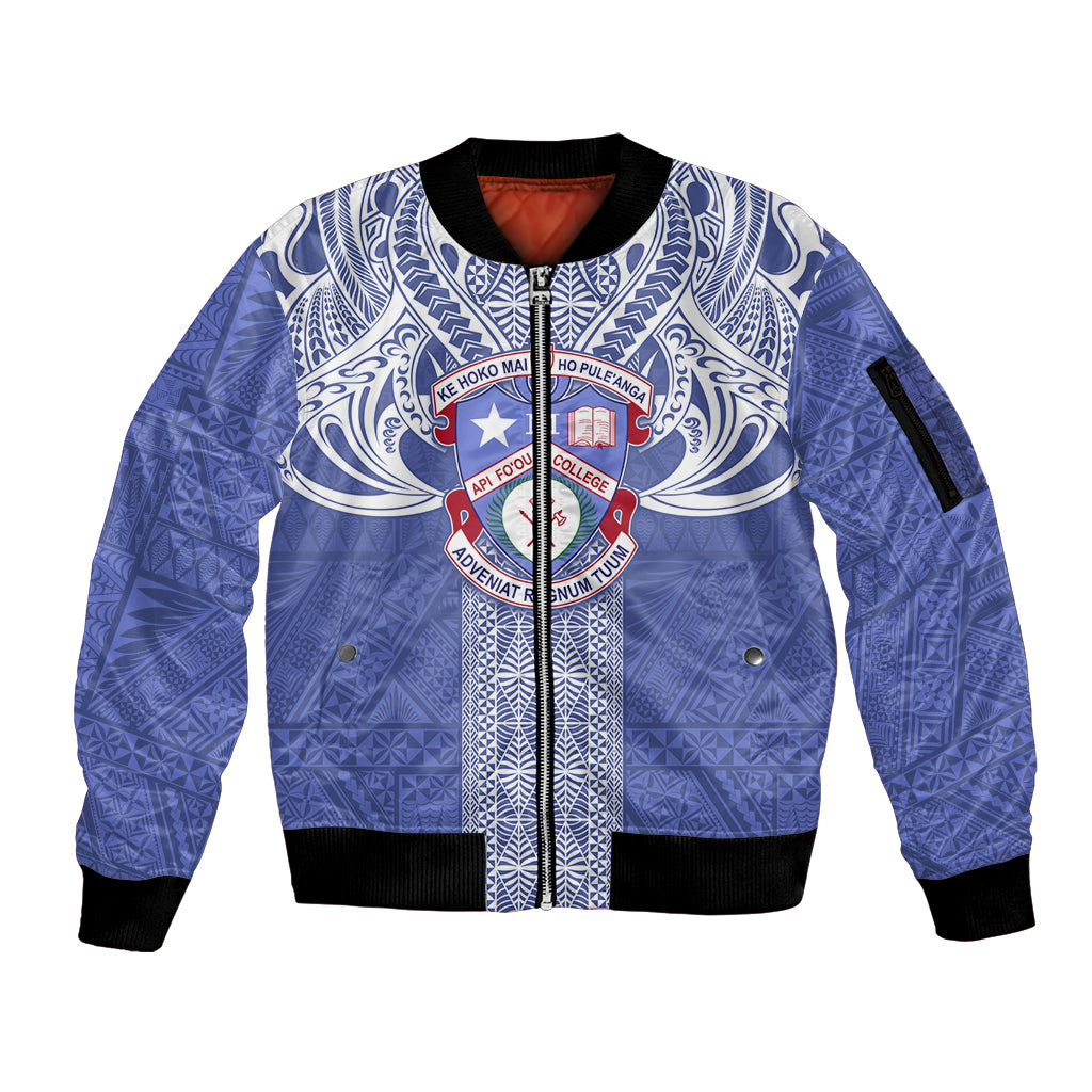 Tonga Apifoou School Sleeve Zip Bomber Jacket Ngatu and Polynesian Pattern LT03 Unisex Blue - Polynesian Pride