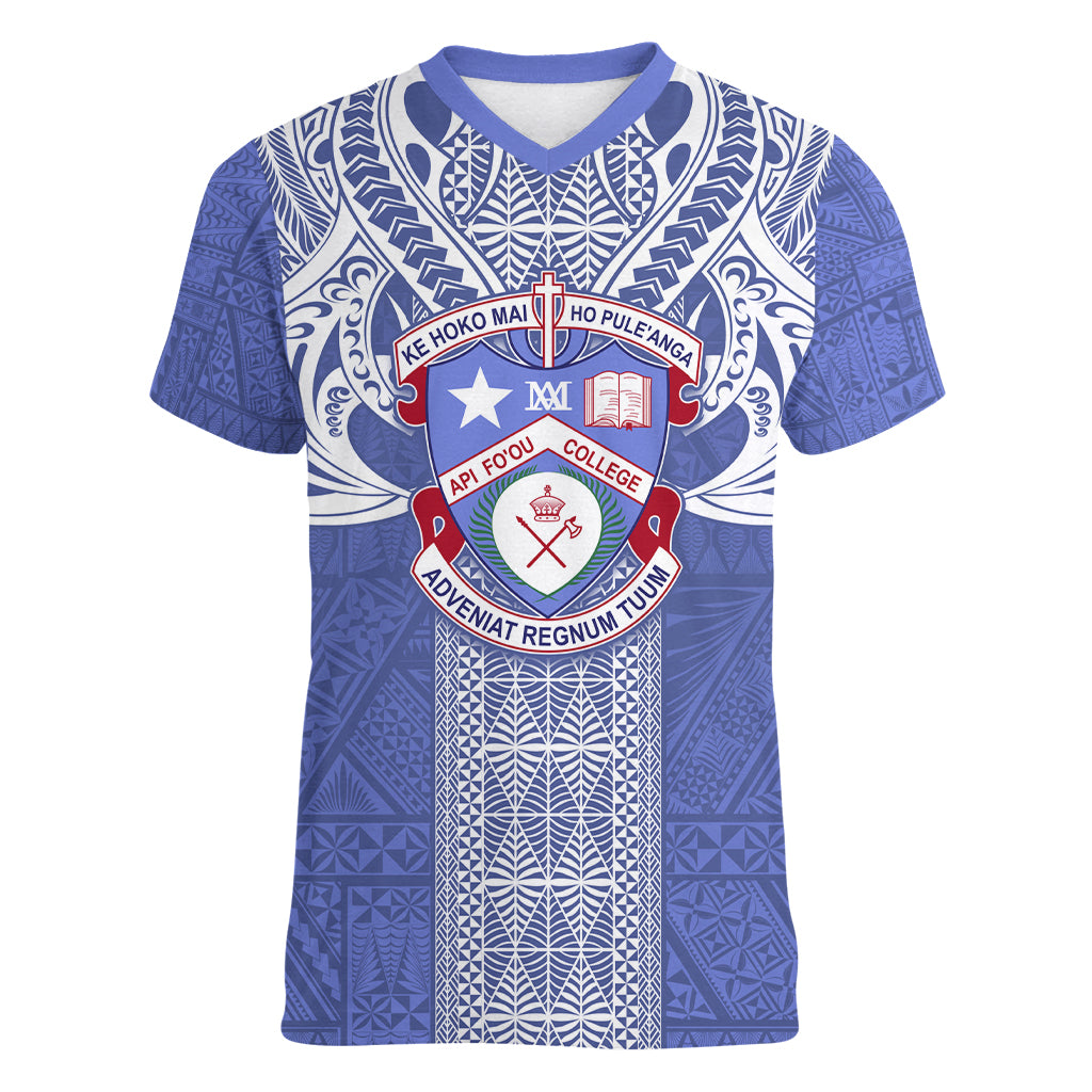 Tonga Apifoou School Women V Neck T Shirt Ngatu and Polynesian Pattern LT03 Female Blue - Polynesian Pride