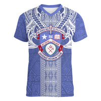 Tonga Apifoou School Women V Neck T Shirt Ngatu and Polynesian Pattern LT03 Female Blue - Polynesian Pride