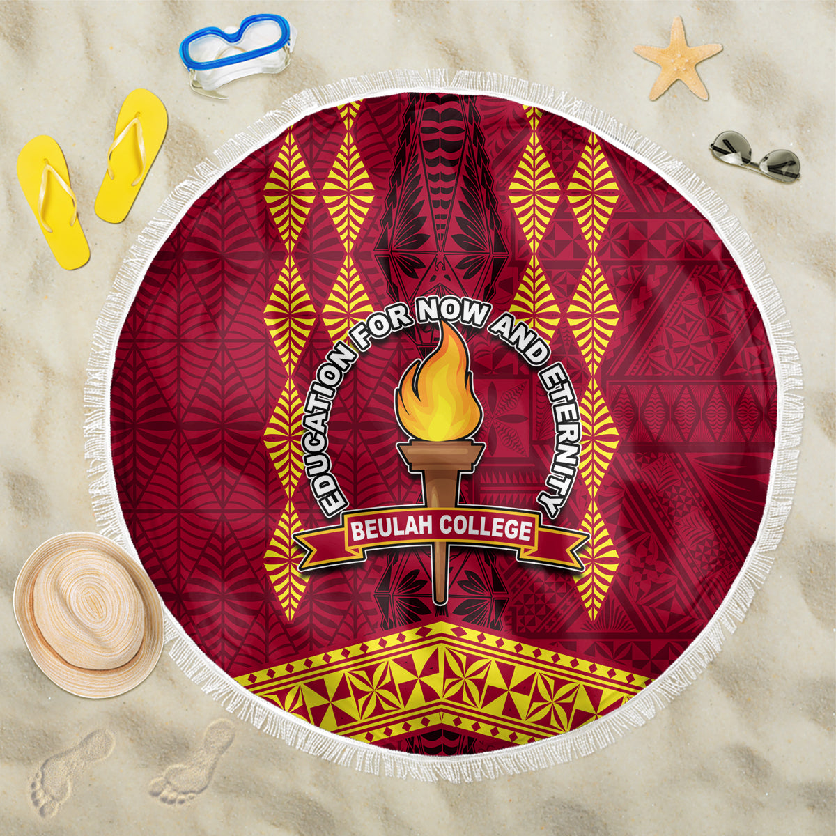 Tonga Beulah College Beach Blanket Ngatu and Polynesian Pattern LT03 One Size 150cm Red - Polynesian Pride