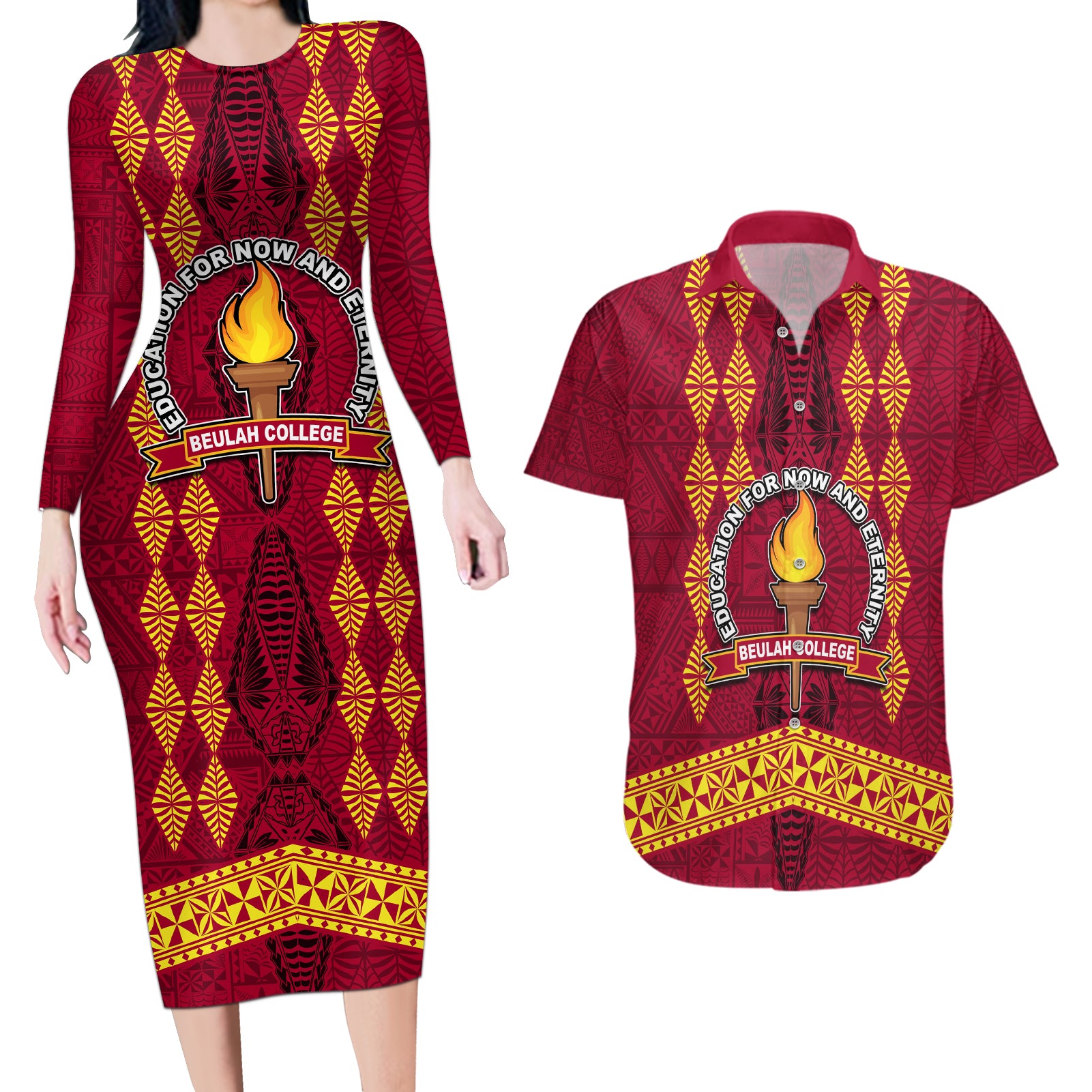 Tonga Beulah College Couples Matching Long Sleeve Bodycon Dress and Hawaiian Shirt Ngatu and Polynesian Pattern LT03 Red - Polynesian Pride