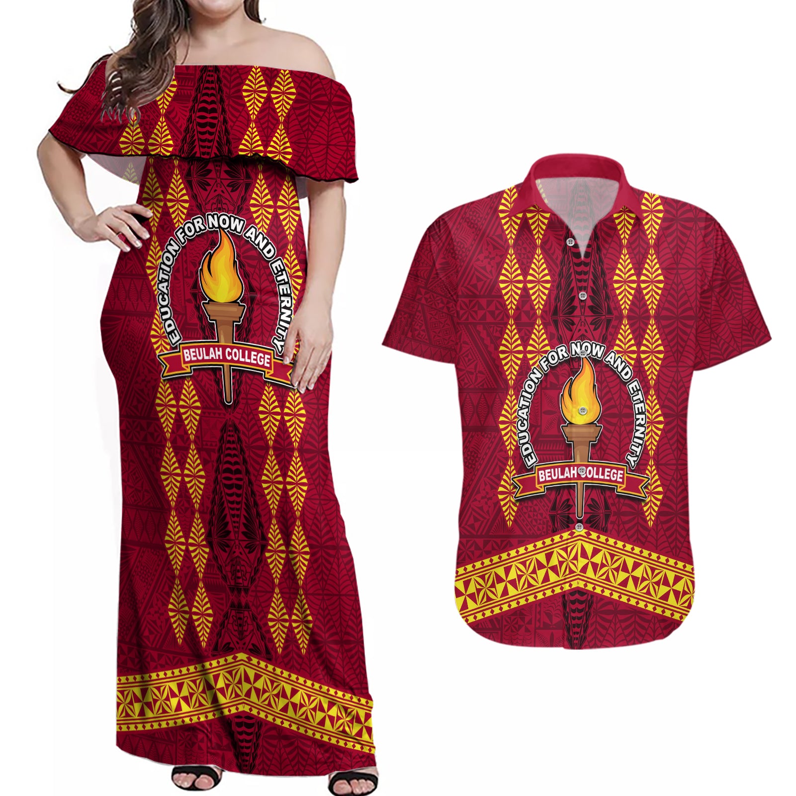 Tonga Beulah College Couples Matching Off Shoulder Maxi Dress and Hawaiian Shirt Ngatu and Polynesian Pattern LT03 Red - Polynesian Pride