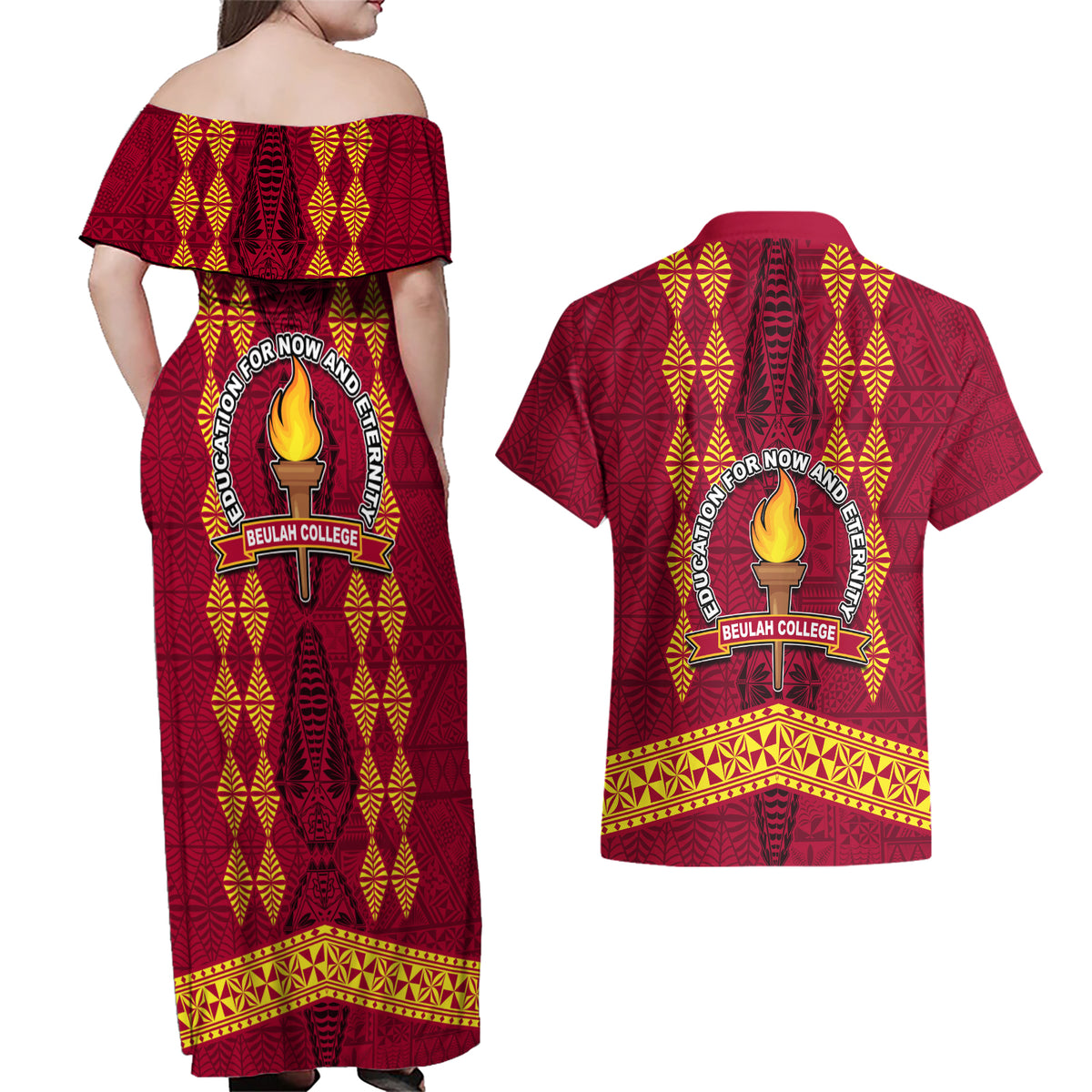 Tonga Beulah College Couples Matching Off Shoulder Maxi Dress and Hawaiian Shirt Ngatu and Polynesian Pattern LT03 - Polynesian Pride