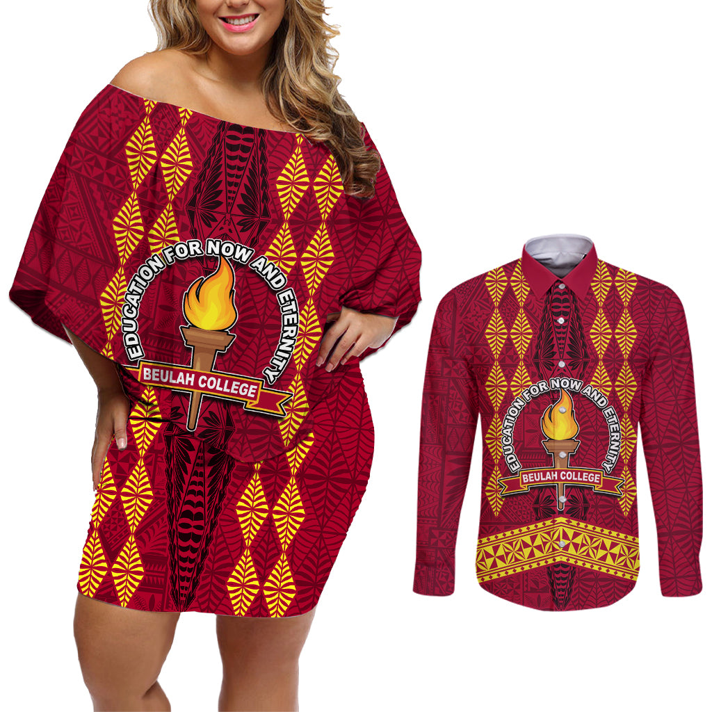 Tonga Beulah College Couples Matching Off Shoulder Short Dress and Long Sleeve Button Shirt Ngatu and Polynesian Pattern LT03 Red - Polynesian Pride