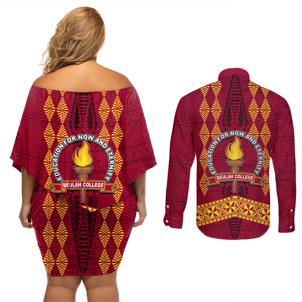 Tonga Beulah College Couples Matching Off Shoulder Short Dress and Long Sleeve Button Shirt Ngatu and Polynesian Pattern LT03 - Polynesian Pride