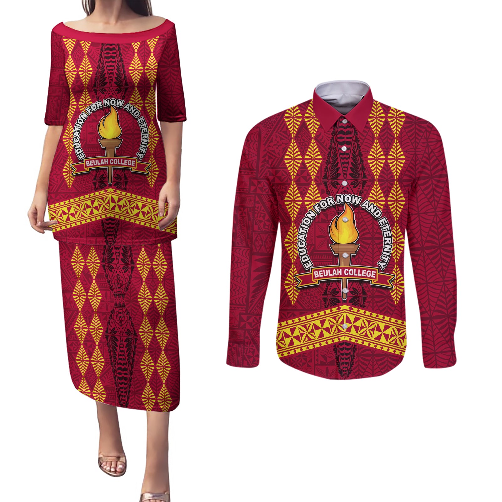 Tonga Beulah College Couples Matching Puletasi Dress and Long Sleeve Button Shirt Ngatu and Polynesian Pattern LT03 Red - Polynesian Pride