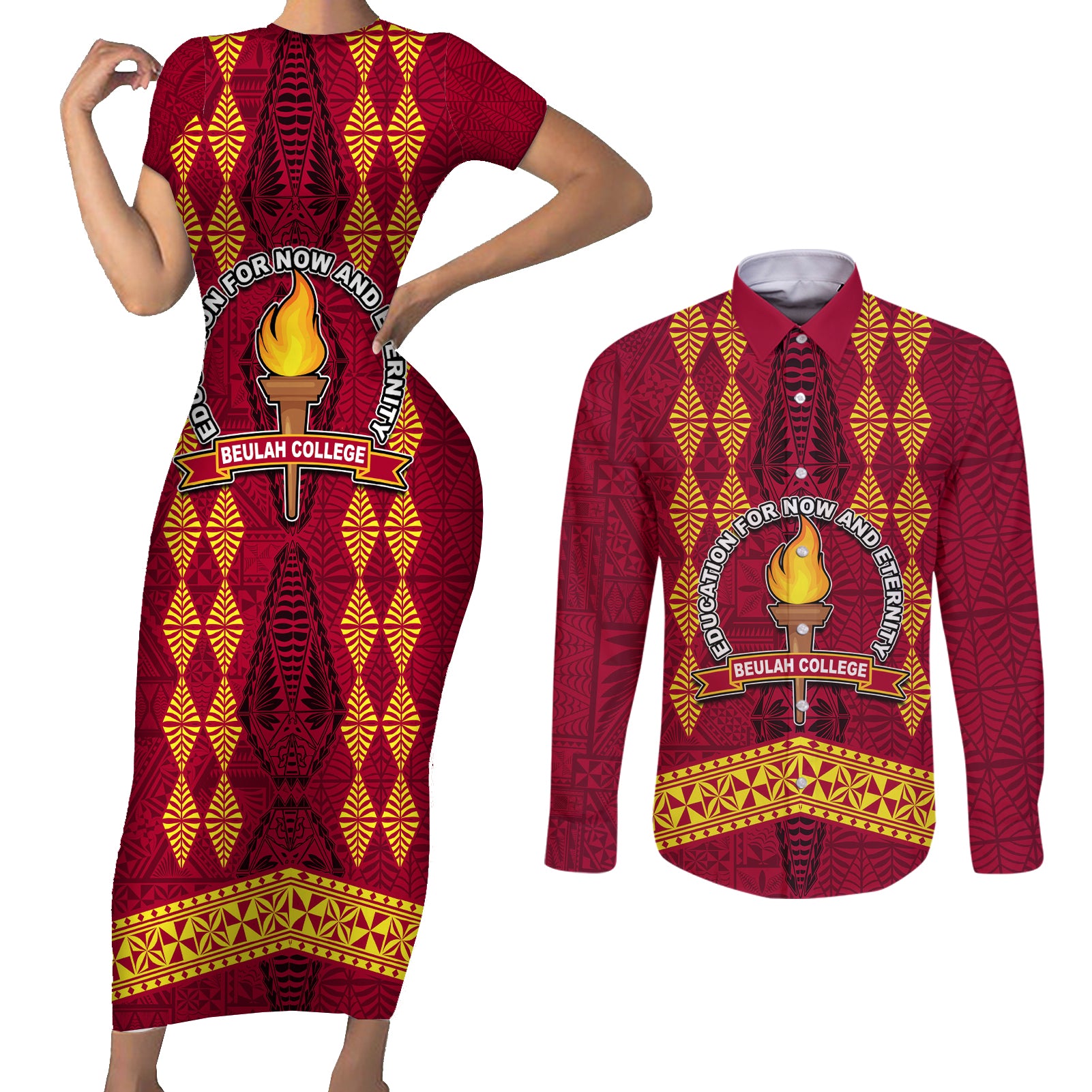 Tonga Beulah College Couples Matching Short Sleeve Bodycon Dress and Long Sleeve Button Shirt Ngatu and Polynesian Pattern LT03 Red - Polynesian Pride