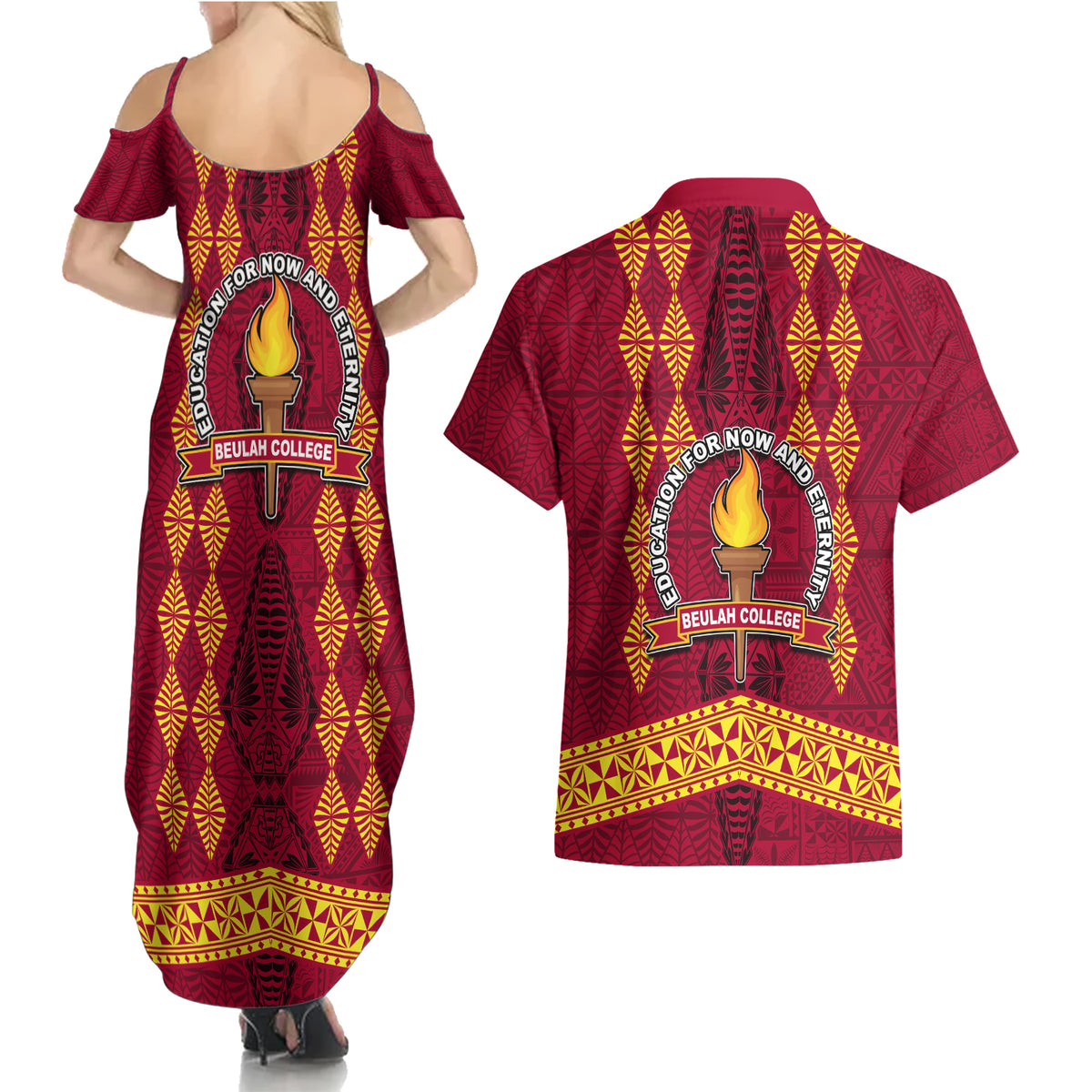 Tonga Beulah College Couples Matching Summer Maxi Dress and Hawaiian Shirt Ngatu and Polynesian Pattern LT03 - Polynesian Pride
