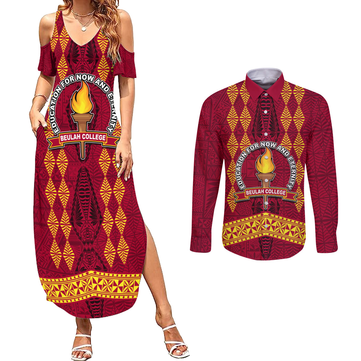 Tonga Beulah College Couples Matching Summer Maxi Dress and Long Sleeve Button Shirt Ngatu and Polynesian Pattern LT03 Red - Polynesian Pride