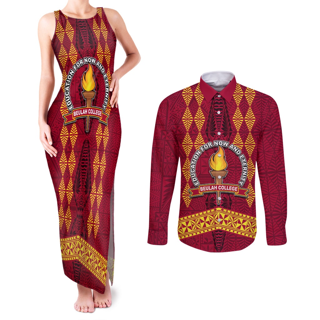 Tonga Beulah College Couples Matching Tank Maxi Dress and Long Sleeve Button Shirt Ngatu and Polynesian Pattern LT03 Red - Polynesian Pride