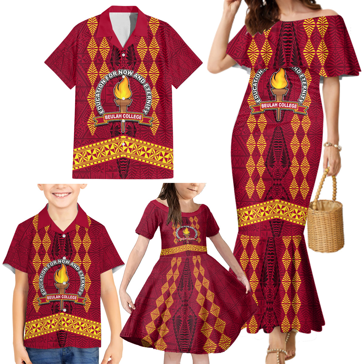 Tonga Beulah College Family Matching Mermaid Dress and Hawaiian Shirt Ngatu and Polynesian Pattern LT03 - Polynesian Pride