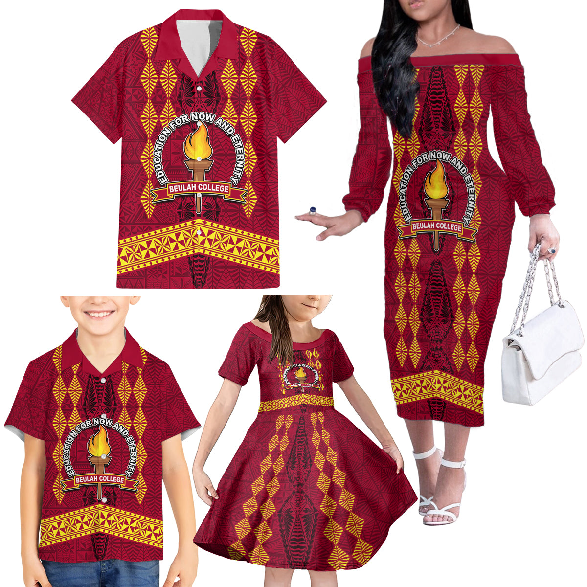 Tonga Beulah College Family Matching Off Shoulder Long Sleeve Dress and Hawaiian Shirt Ngatu and Polynesian Pattern LT03 - Polynesian Pride