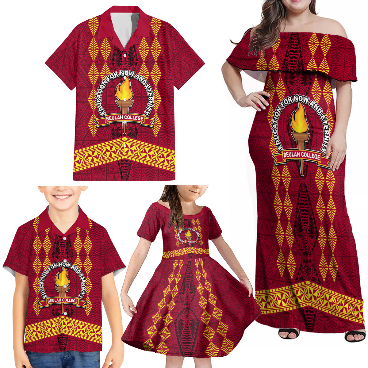 Tonga Beulah College Family Matching Off Shoulder Maxi Dress and Hawaiian Shirt Ngatu and Polynesian Pattern LT03 - Polynesian Pride