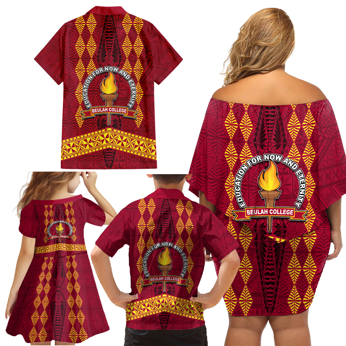 Tonga Beulah College Family Matching Off Shoulder Short Dress and Hawaiian Shirt Ngatu and Polynesian Pattern LT03 - Polynesian Pride
