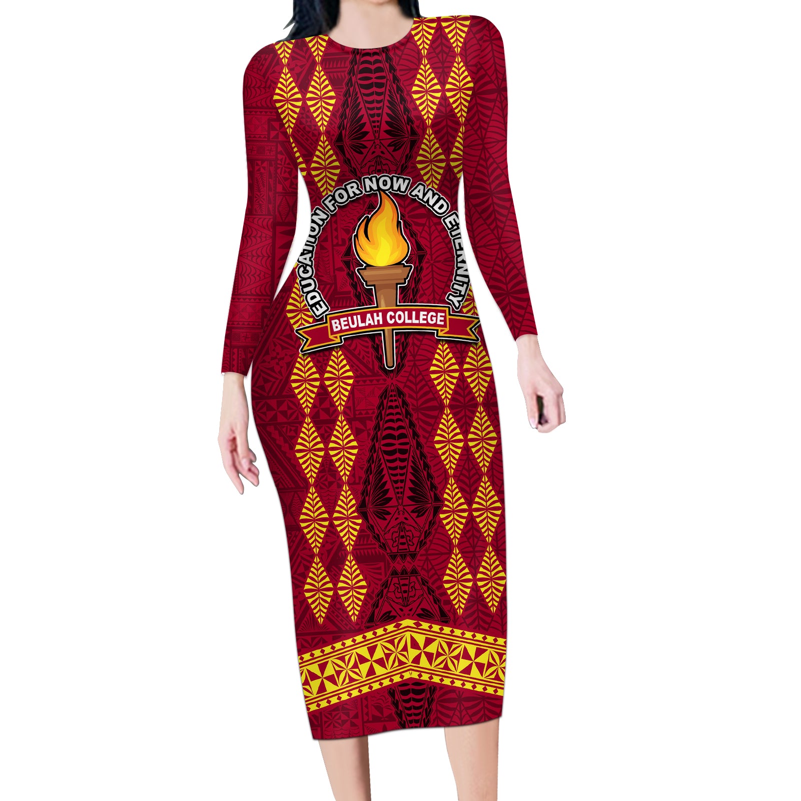 Tonga Beulah College Long Sleeve Bodycon Dress Ngatu and Polynesian Pattern LT03 Long Dress Red - Polynesian Pride