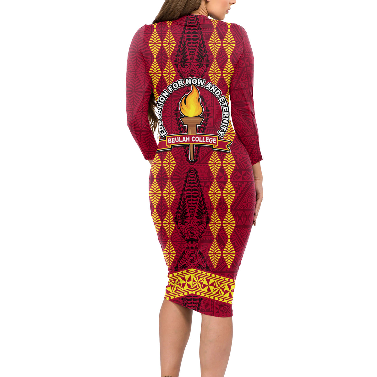 Tonga Beulah College Long Sleeve Bodycon Dress Ngatu and Polynesian Pattern LT03 - Polynesian Pride