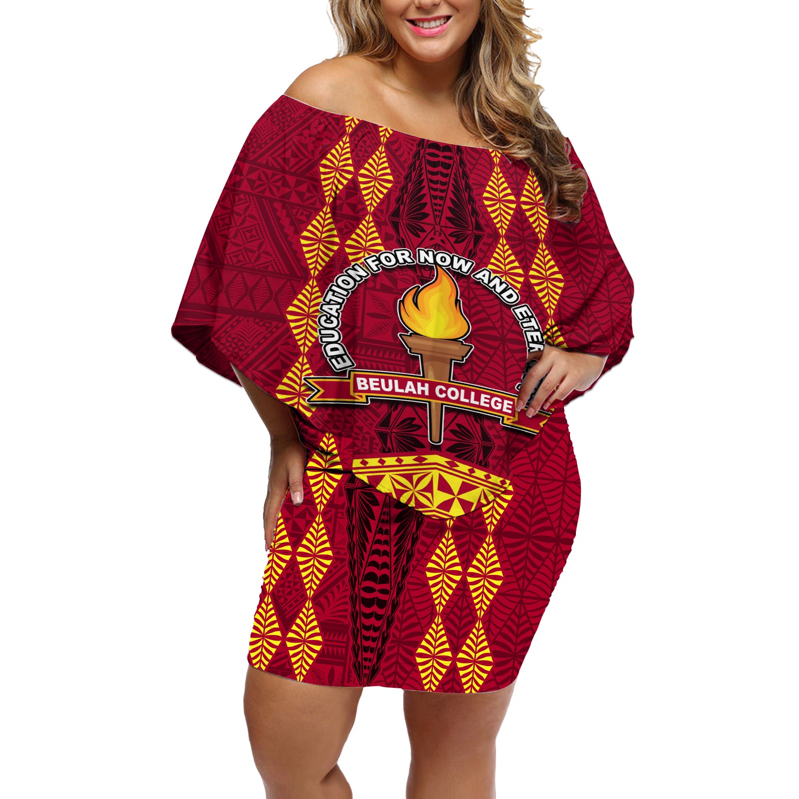 Tonga Beulah College Off Shoulder Short Dress Ngatu and Polynesian Pattern LT03 Women Red - Polynesian Pride