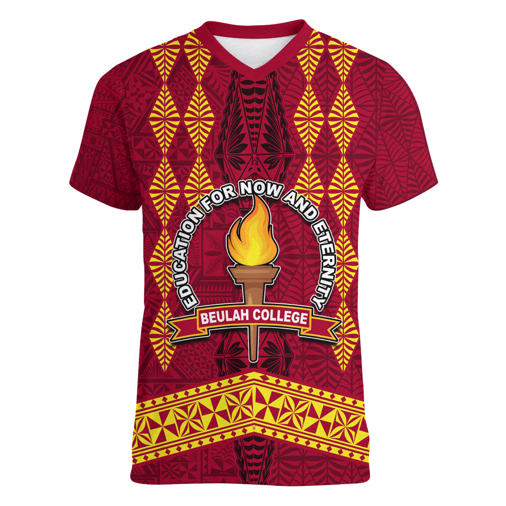 Tonga Beulah College Women V Neck T Shirt Ngatu and Polynesian Pattern LT03 Female Red - Polynesian Pride