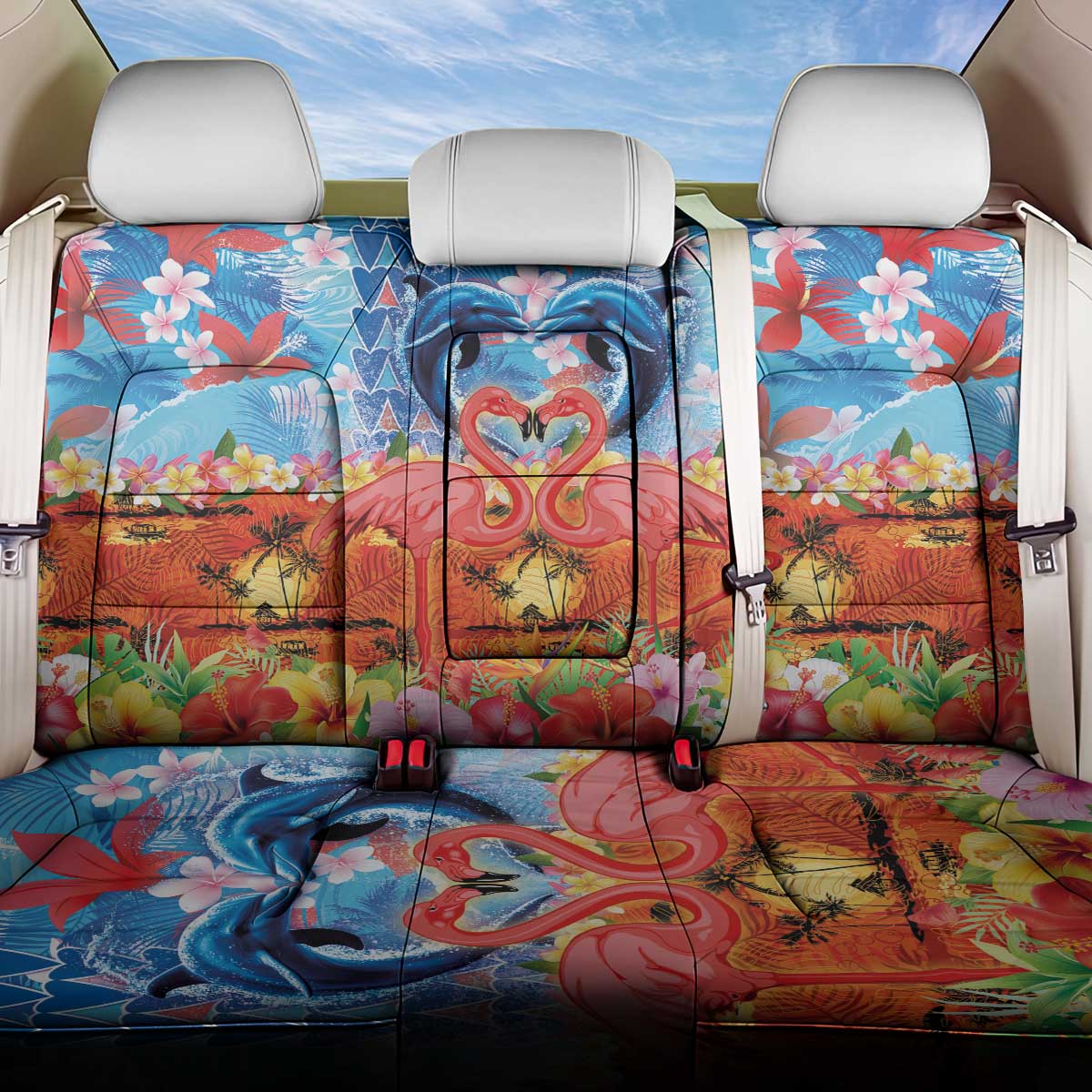 Hawaiian Love-Couple Dolphins and Flamingos Back Car Seat Cover LT03 One Size Multicolor - Polynesian Pride