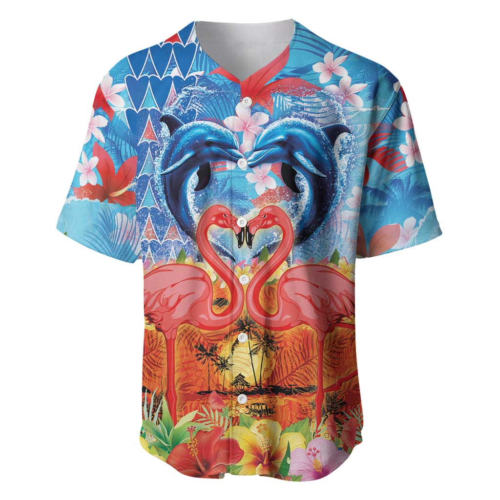 Hawaiian Love-Couple Dolphins and Flamingos Baseball Jersey LT03 Multicolor - Polynesian Pride