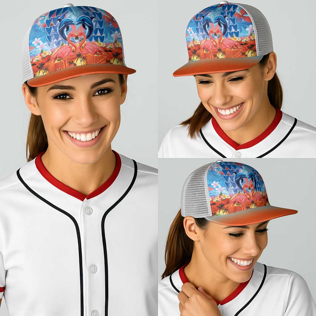 Hawaiian Love-Couple Dolphins and Flamingos Baseball Net Cap - Polynesian Pride