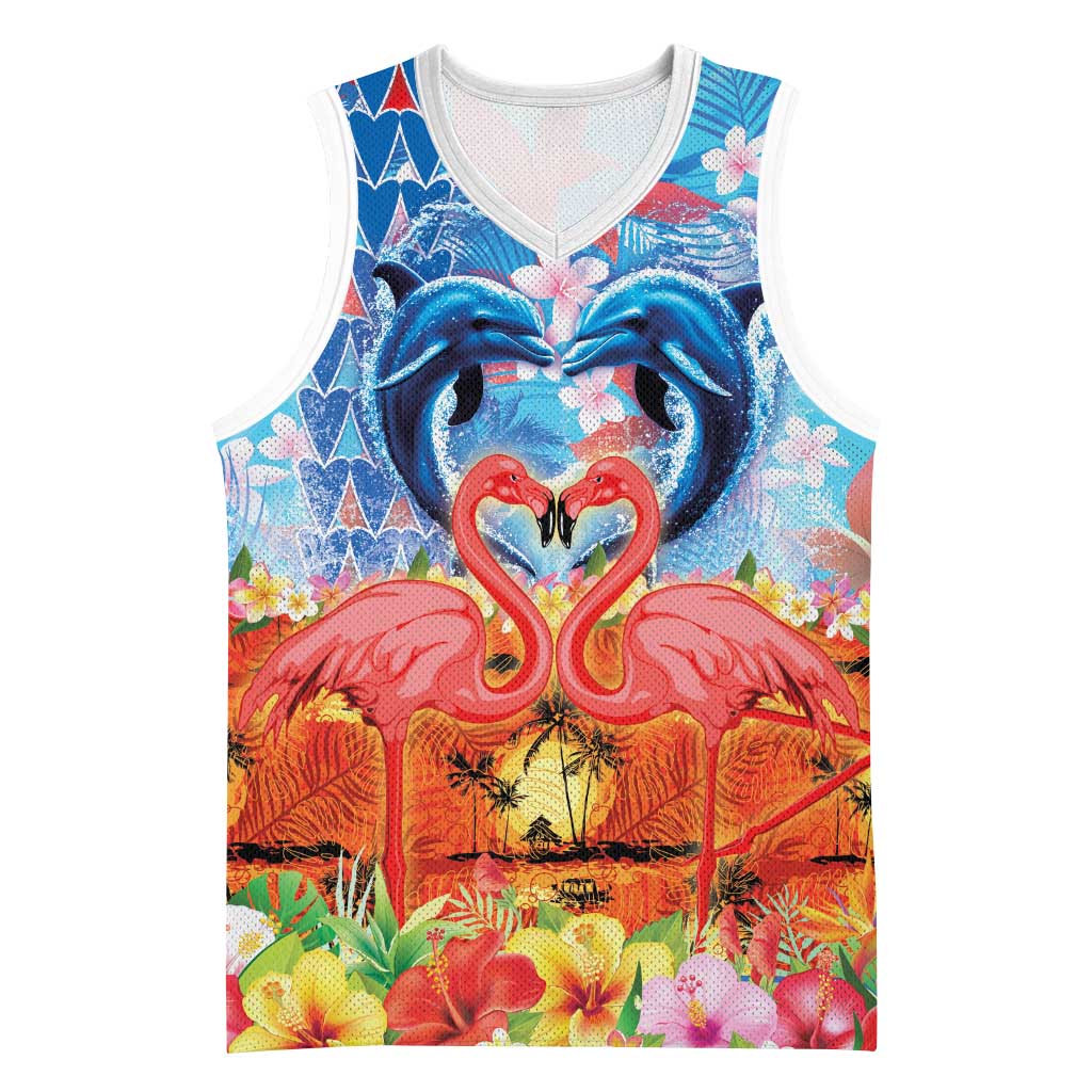 Hawaiian Love-Couple Dolphins and Flamingos Basketball Jersey LT03 Unisex Multicolor - Polynesian Pride