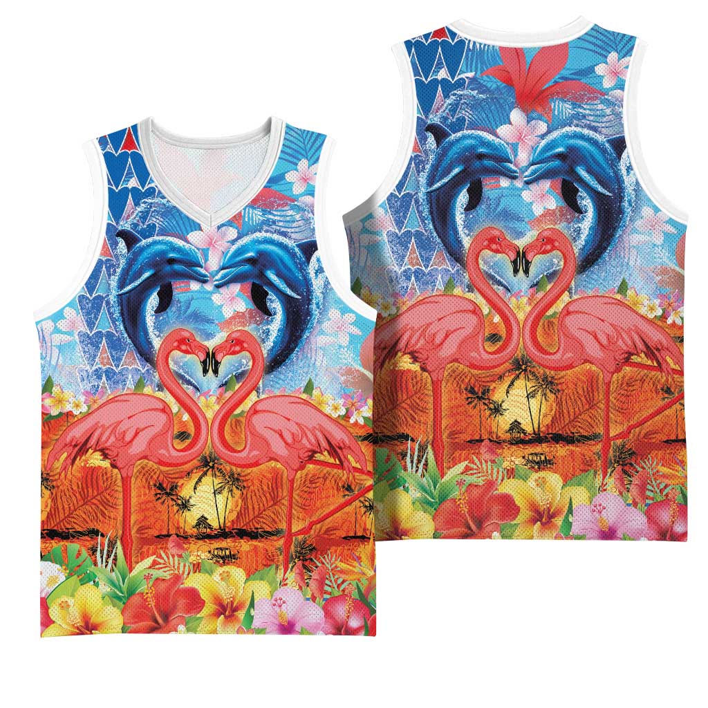 Hawaiian Love-Couple Dolphins and Flamingos Basketball Jersey LT03 - Polynesian Pride