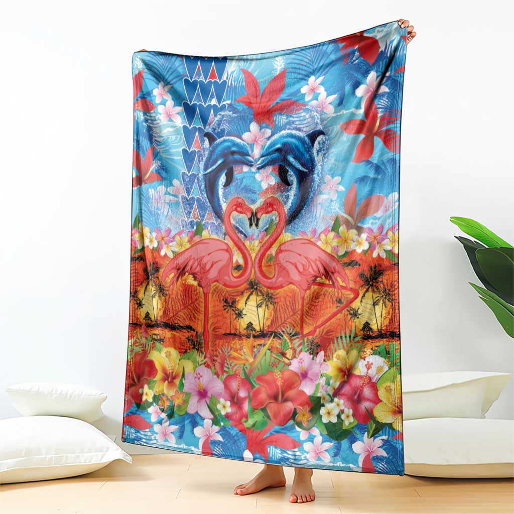 Hawaiian Love-Couple Dolphins and Flamingos Blanket - Polynesian Pride