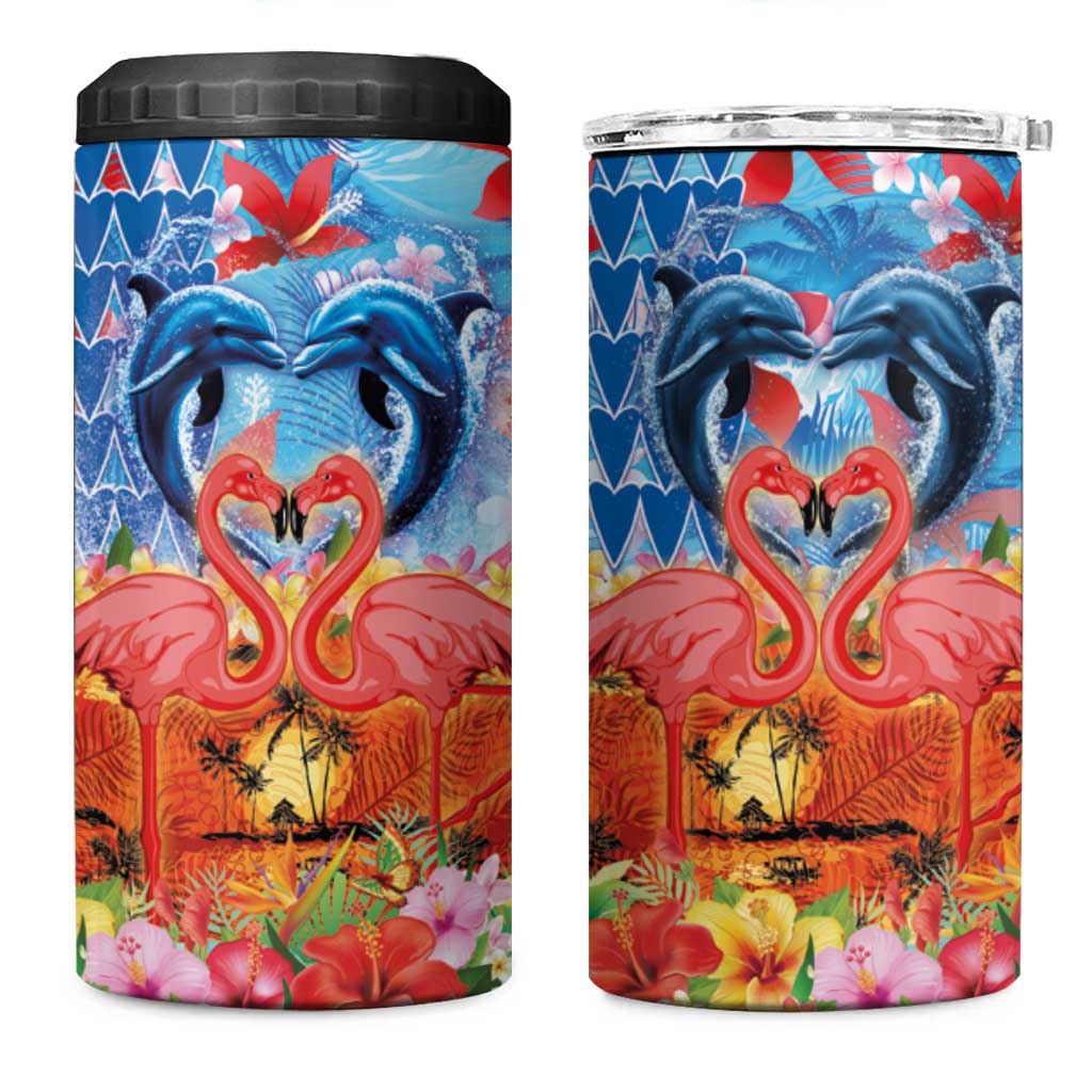 Hawaiian Love-Couple Dolphins and Flamingos 4 in 1 Can Cooler Tumbler - Polynesian Pride