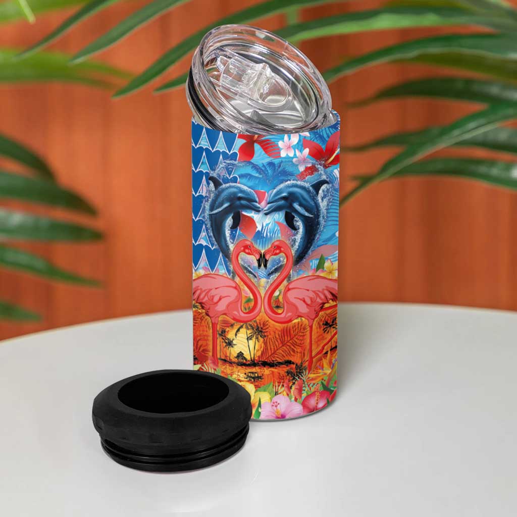 Hawaiian Love-Couple Dolphins and Flamingos 4 in 1 Can Cooler Tumbler LT03 - Polynesian Pride