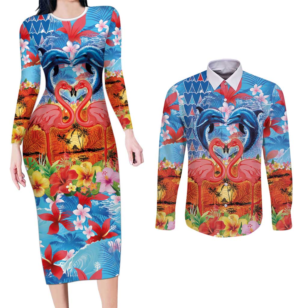 Hawaiian Love-Couple Dolphins and Flamingos Couples Matching Long Sleeve Bodycon Dress and Long Sleeve Button Shirt - Polynesian Pride