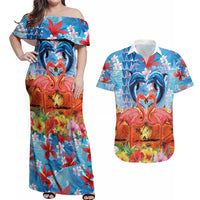 Hawaiian Love-Couple Dolphins and Flamingos Couples Matching Off Shoulder Maxi Dress and Hawaiian Shirt - Polynesian Pride