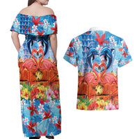 Hawaiian Love-Couple Dolphins and Flamingos Couples Matching Off Shoulder Maxi Dress and Hawaiian Shirt - Polynesian Pride