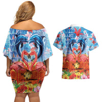 Hawaiian Love-Couple Dolphins and Flamingos Couples Matching Off Shoulder Short Dress and Hawaiian Shirt - Polynesian Pride