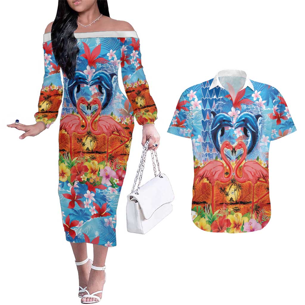 Hawaiian Love-Couple Dolphins and Flamingos Couples Matching Off The Shoulder Long Sleeve Dress and Hawaiian Shirt - Polynesian Pride