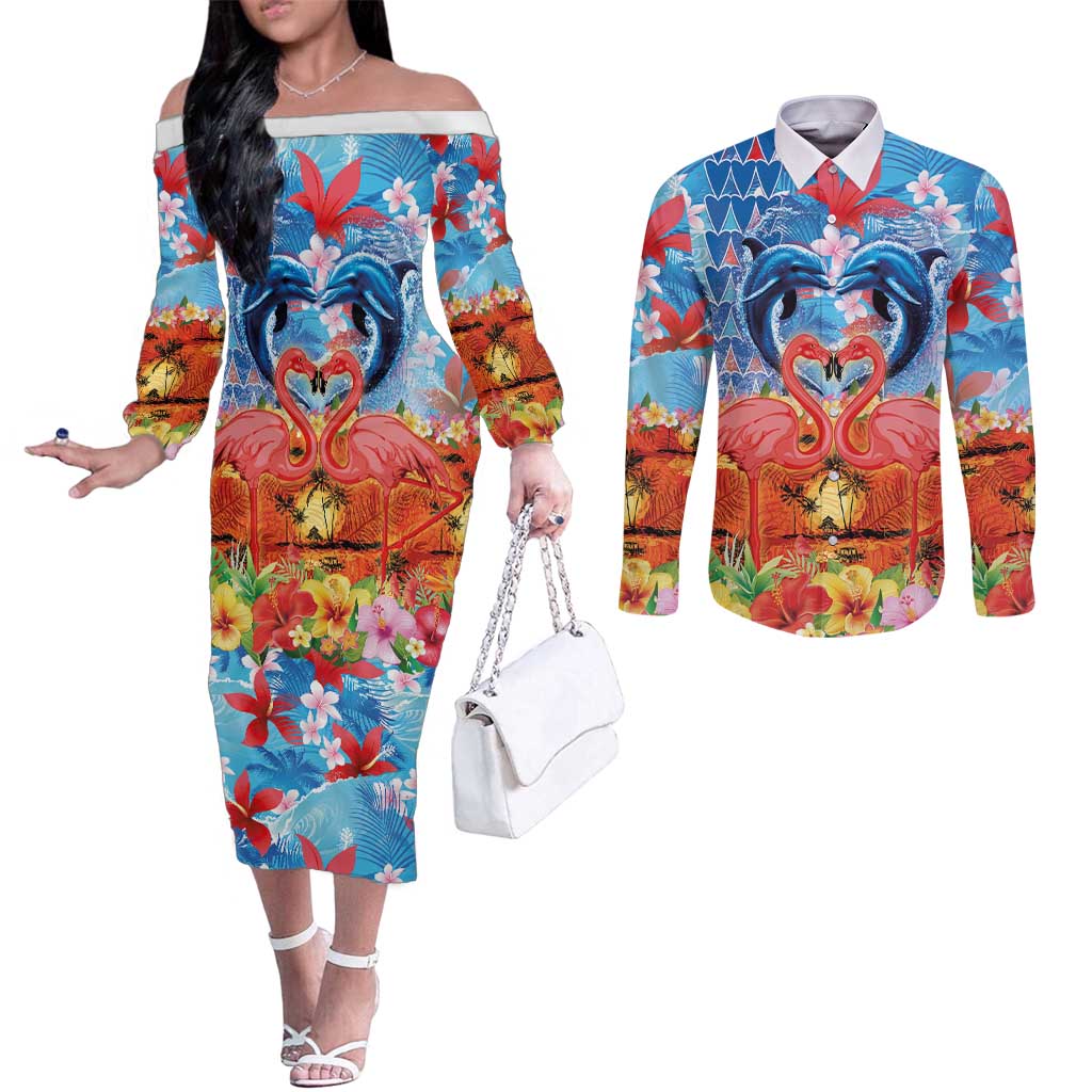 Hawaiian Love-Couple Dolphins and Flamingos Couples Matching Off The Shoulder Long Sleeve Dress and Long Sleeve Button Shirt - Polynesian Pride