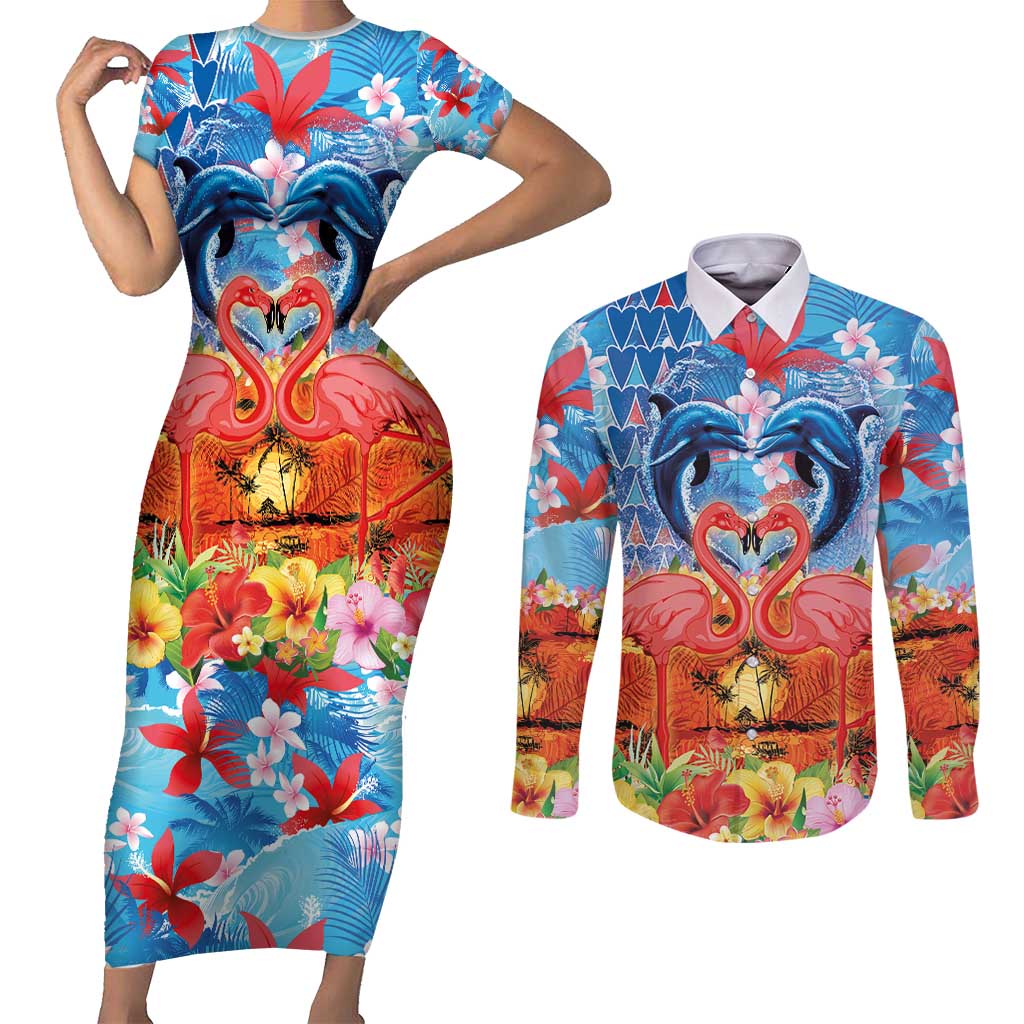 Hawaiian Love-Couple Dolphins and Flamingos Couples Matching Short Sleeve Bodycon Dress and Long Sleeve Button Shirt - Polynesian Pride