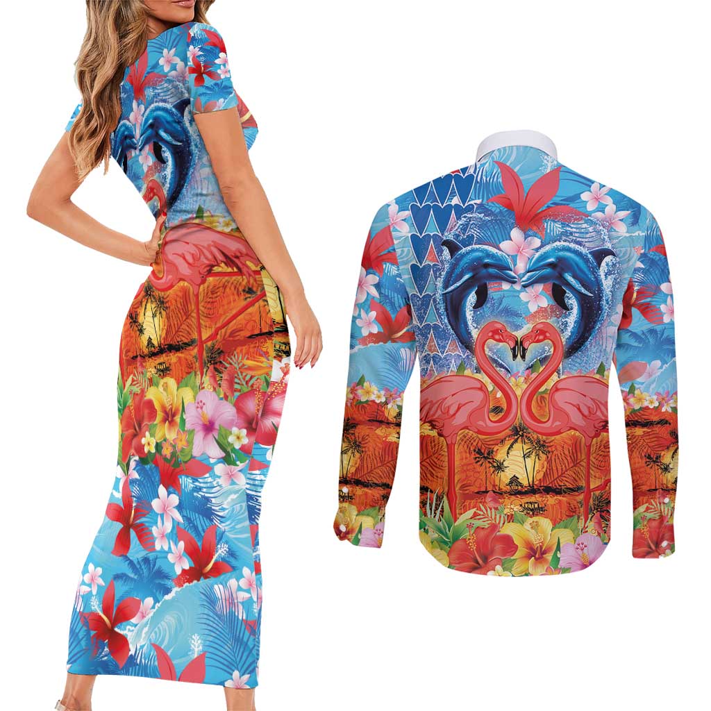 Hawaiian Love-Couple Dolphins and Flamingos Couples Matching Short Sleeve Bodycon Dress and Long Sleeve Button Shirt - Polynesian Pride