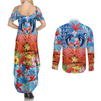 Hawaiian Love-Couple Dolphins and Flamingos Couples Matching Summer Maxi Dress and Long Sleeve Button Shirt - Polynesian Pride