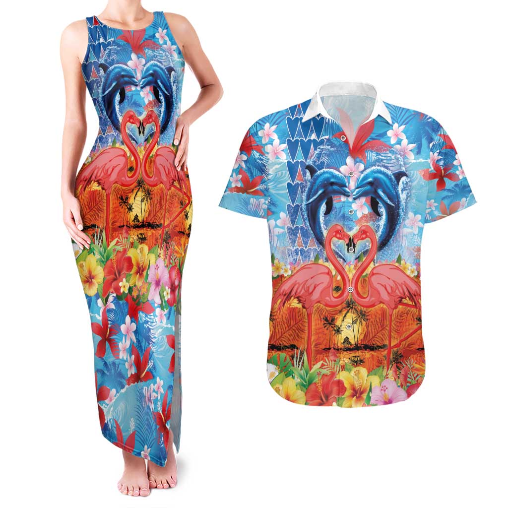 Hawaiian Love-Couple Dolphins and Flamingos Couples Matching Tank Maxi Dress and Hawaiian Shirt - Polynesian Pride