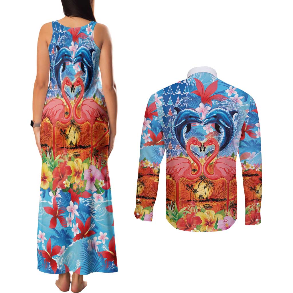 Hawaiian Love-Couple Dolphins and Flamingos Couples Matching Tank Maxi Dress and Long Sleeve Button Shirt - Polynesian Pride