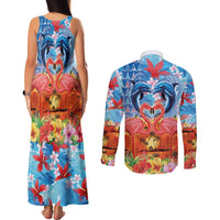 Hawaiian Love-Couple Dolphins and Flamingos Couples Matching Tank Maxi Dress and Long Sleeve Button Shirt - Polynesian Pride
