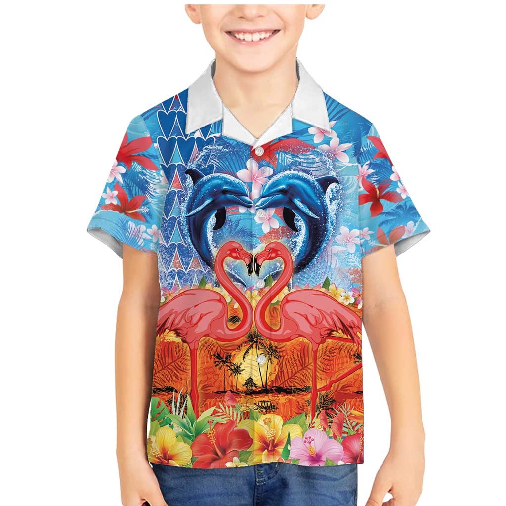 Hawaiian Love-Couple Dolphins and Flamingos Family Matching Mermaid Dress and Hawaiian Shirt - Polynesian Pride