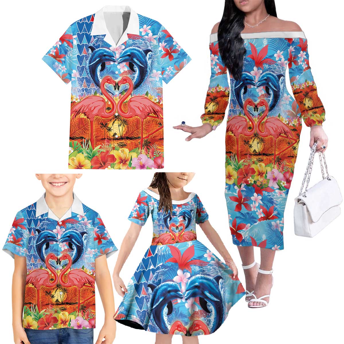 Hawaiian Love-Couple Dolphins and Flamingos Family Matching Off The Shoulder Long Sleeve Dress and Hawaiian Shirt - Polynesian Pride